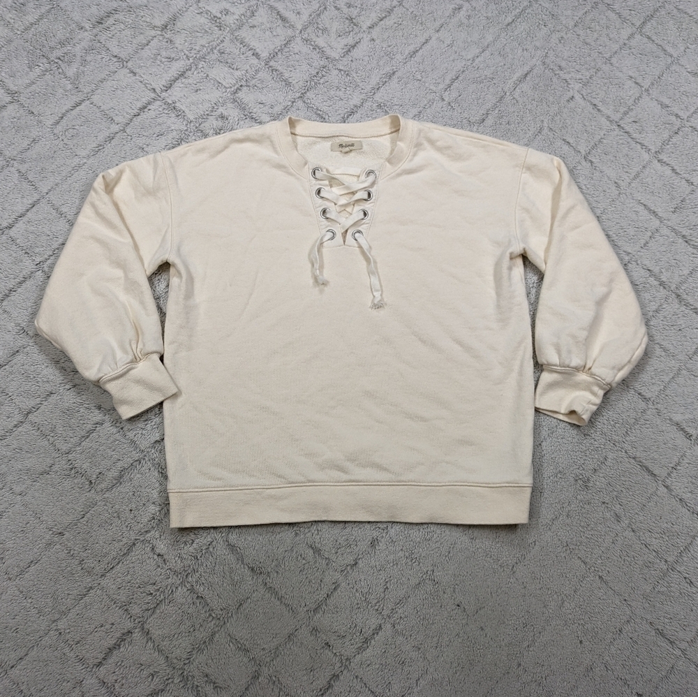 Madewell Sweatshirt Women's S White Cream Cotton-Hemp Lace Up Slouchy 
